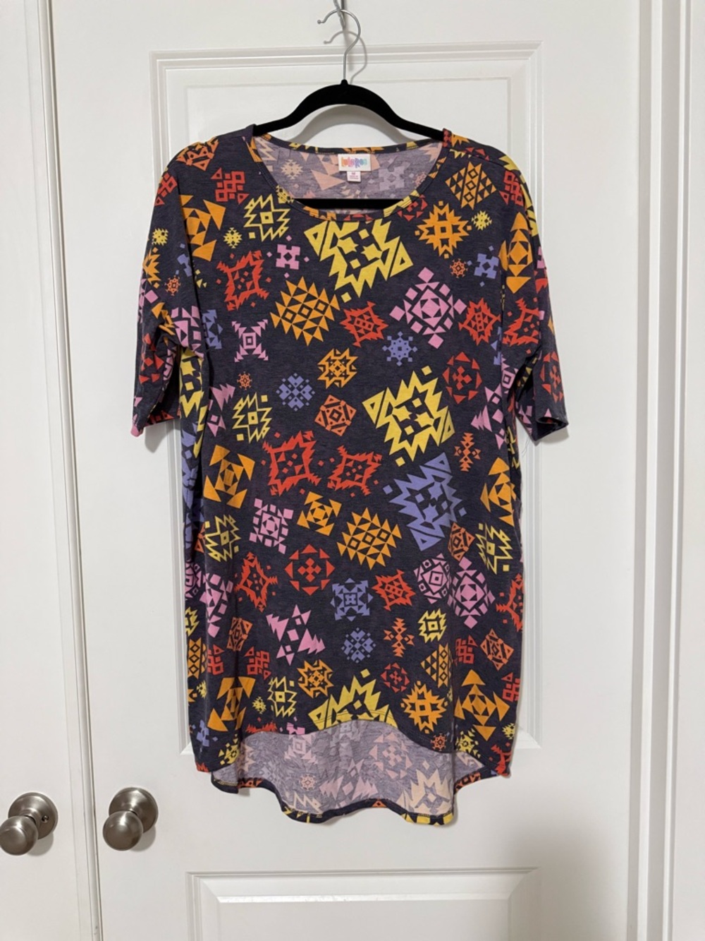 LuLaRoe Purple Tunic with Yellow & Pink Geometric Print
